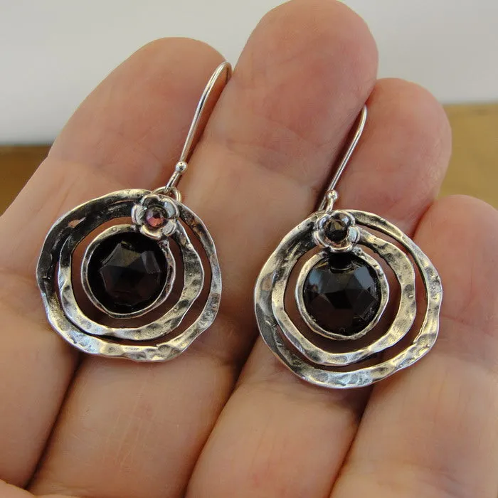 Hadar Designers Red Garnet Floral Earrings Handmade 925 Sterling Silver (L) LAST