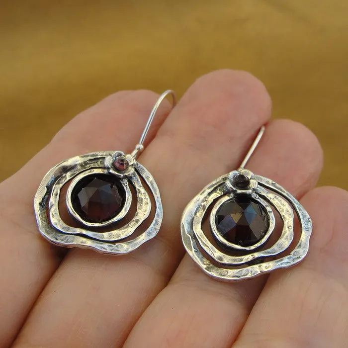 Hadar Designers Red Garnet Floral Earrings Handmade 925 Sterling Silver (L) LAST