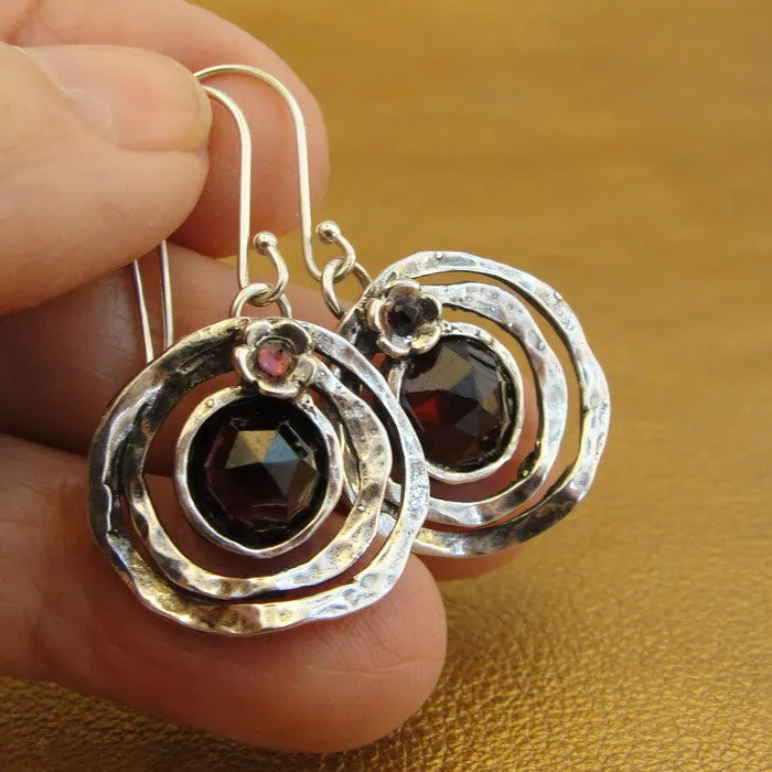 Hadar Designers Red Garnet Floral Earrings Handmade 925 Sterling Silver (L) LAST