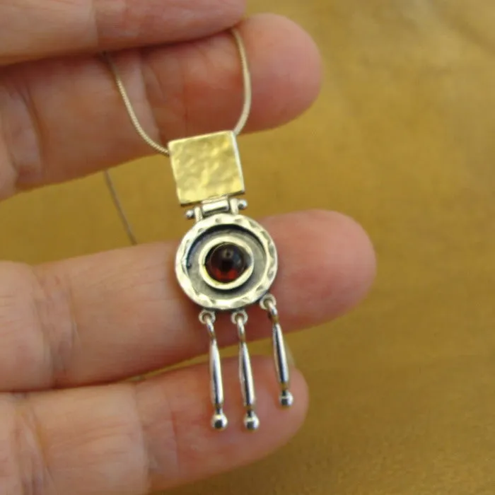 Hadar Designers Red Garnet Pendant Handmade 9k Yellow Gold 925 Silver (ms 1724)y