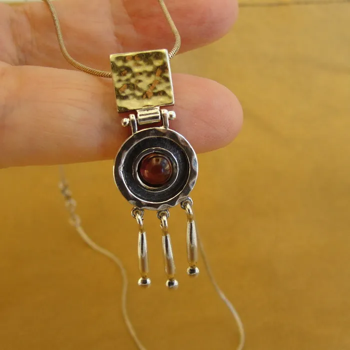 Hadar Designers Red Garnet Pendant Handmade 9k Yellow Gold 925 Silver (ms 1724)y