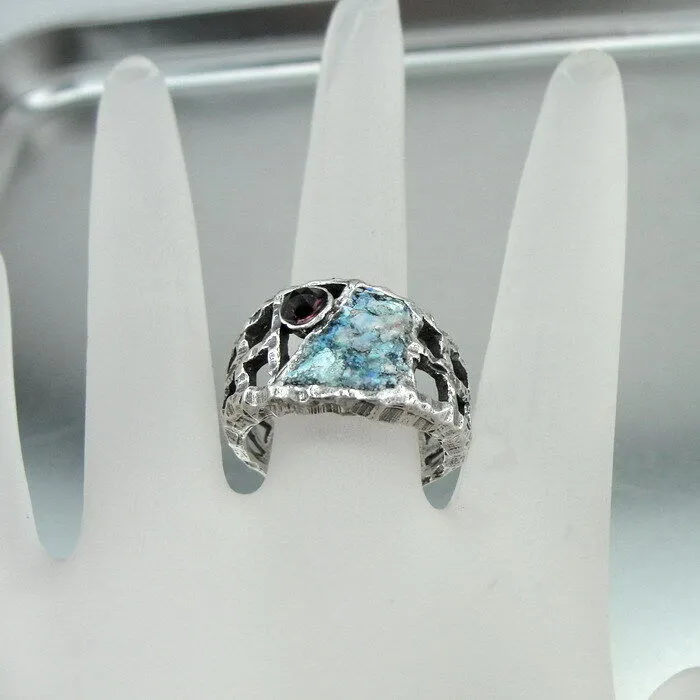 Hadar Designers Rustic Handmade 925 Silver Roman Glass Garnet Ring 6,7,8,9 (as)