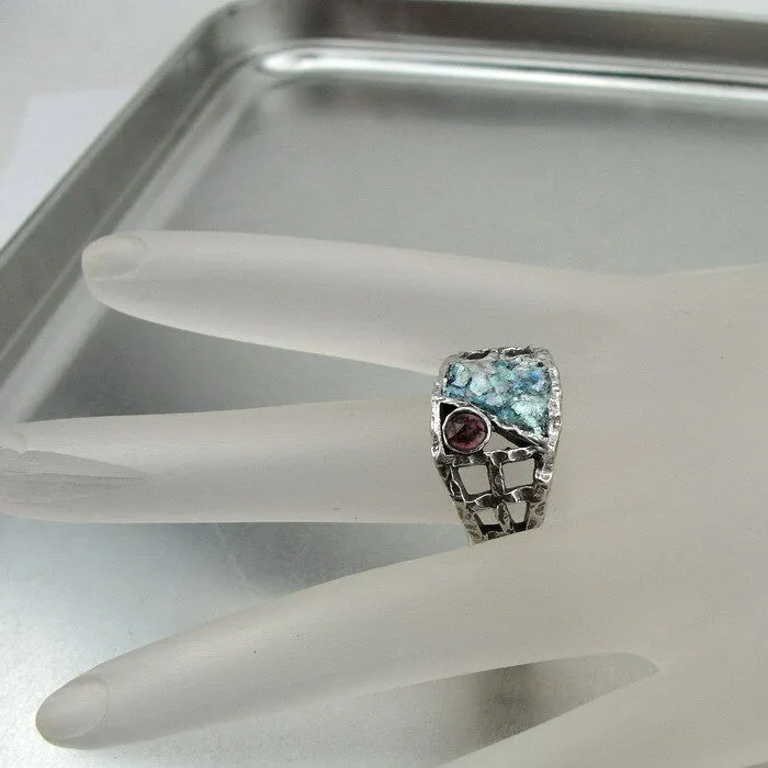Hadar Designers Rustic Handmade 925 Silver Roman Glass Garnet Ring 6,7,8,9 (as)