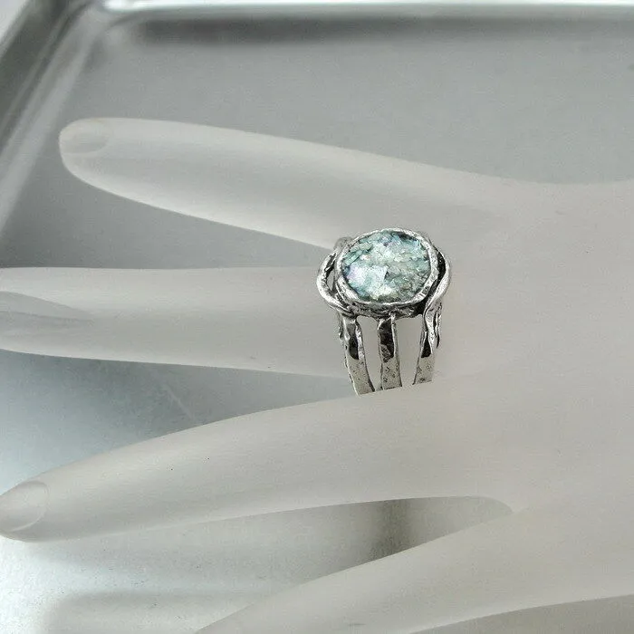 Hadar Designers Rustic Handmade Sterling Silver Roman Glass Ring 6,7,8,9,10,(as