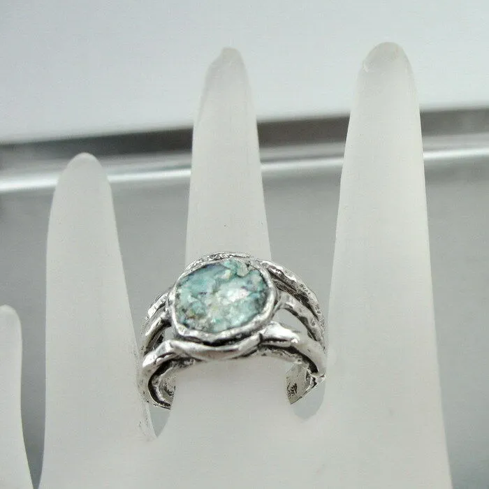 Hadar Designers Rustic Handmade Sterling Silver Roman Glass Ring 6,7,8,9,10,(as