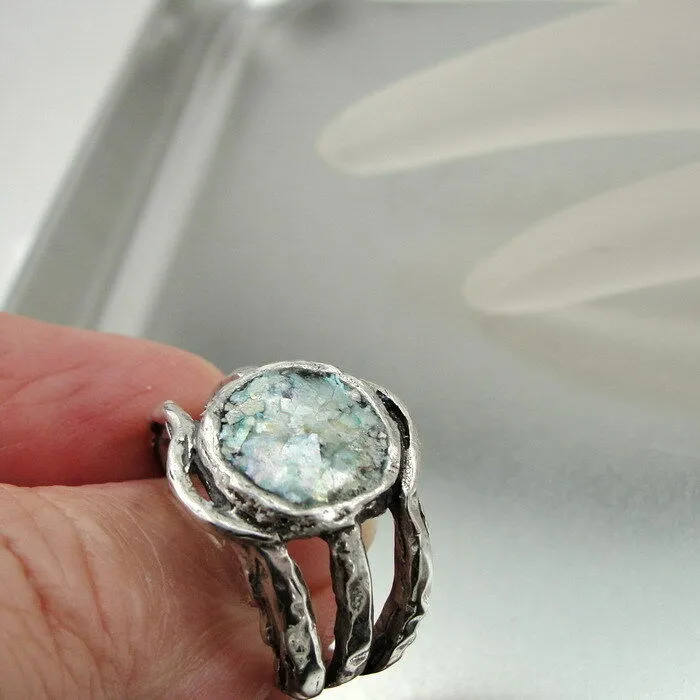 Hadar Designers Rustic Handmade Sterling Silver Roman Glass Ring 6,7,8,9,10,(as