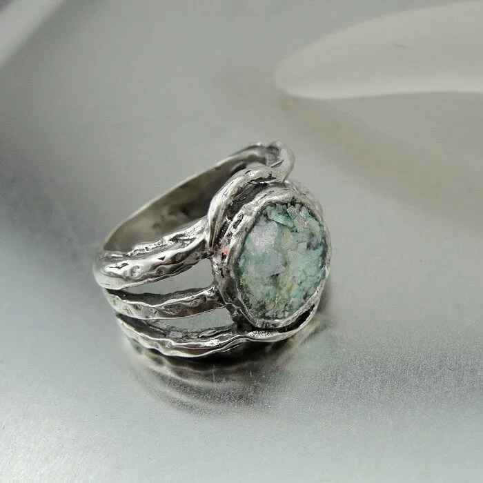 Hadar Designers Rustic Handmade Sterling Silver Roman Glass Ring 6,7,8,9,10,(as