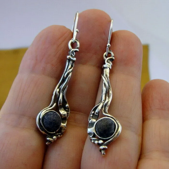 Hadar Designers Sterling 925 Silver Lava stone Earrings Handmade Long (H) SALE
