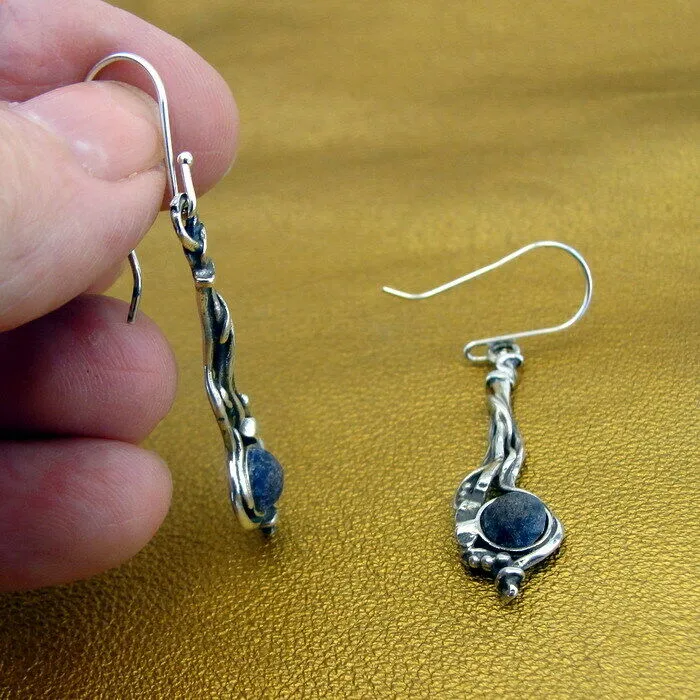 Hadar Designers Sterling 925 Silver Lava stone Earrings Handmade Long (H) SALE