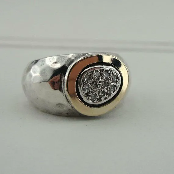 Hadar Designers Sterling Silver 9k Yellow Gold Zircon Ring sz 7,8 Handmade (MS)y