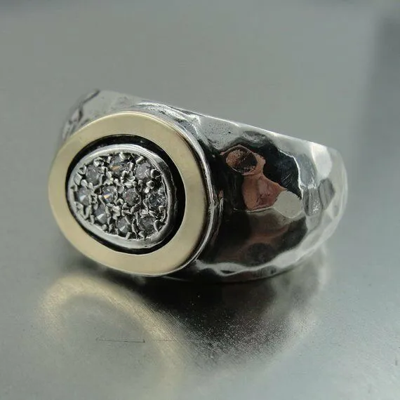 Hadar Designers Sterling Silver 9k Yellow Gold Zircon Ring sz 7,8 Handmade (MS)y