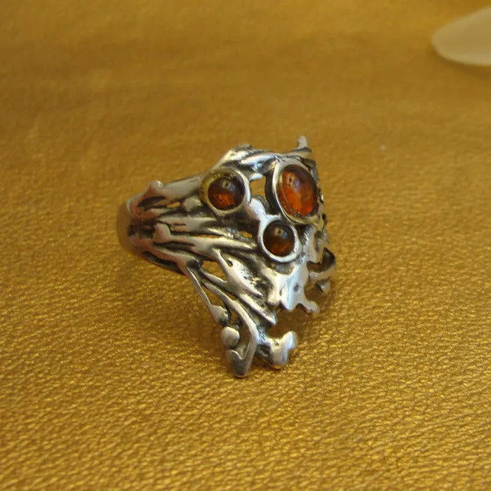 Hadar Designers Sterling Silver Amber Peacock Ring sz 6,7,8,8.5,9 Handmade (H