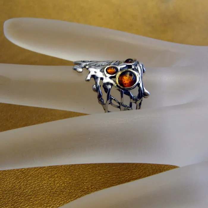 Hadar Designers Sterling Silver Amber Peacock Ring sz 6,7,8,8.5,9 Handmade (H