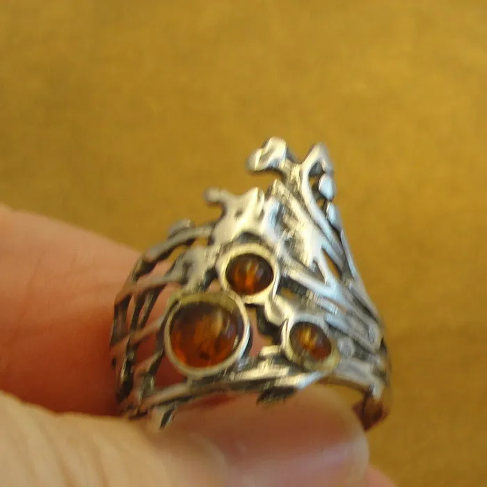 Hadar Designers Sterling Silver Amber Peacock Ring sz 6,7,8,8.5,9 Handmade (H