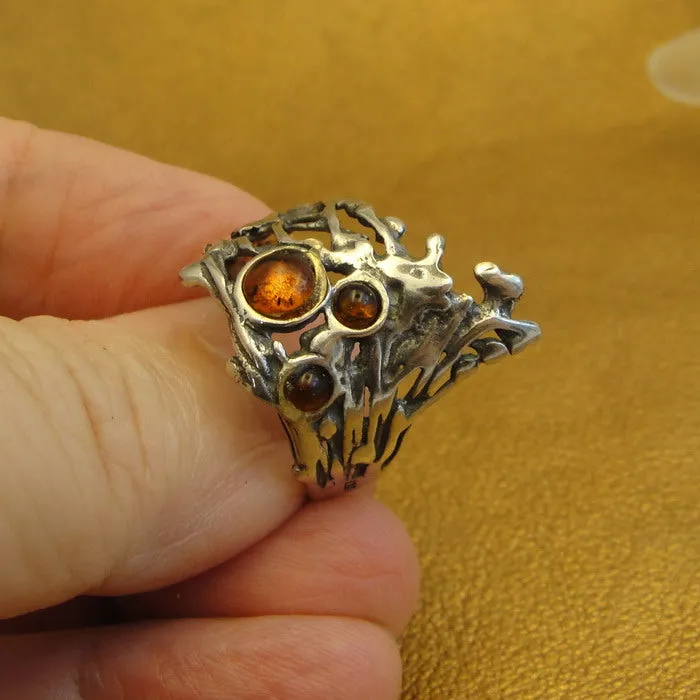 Hadar Designers Sterling Silver Amber Peacock Ring sz 6,7,8,8.5,9 Handmade (H