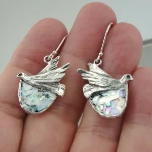 Hadar Designers Sterling Silver Antique Roman Glass Bird Earrings Handmade (as)