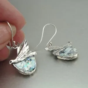 Hadar Designers Sterling Silver Antique Roman Glass Bird Earrings Handmade (as)