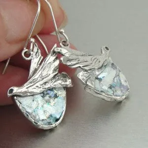Hadar Designers Sterling Silver Antique Roman Glass Bird Earrings Handmade (as)