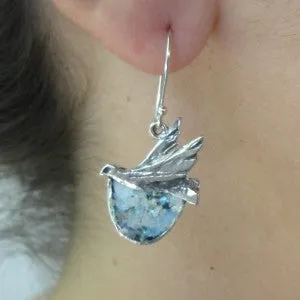 Hadar Designers Sterling Silver Antique Roman Glass Bird Earrings Handmade (as)
