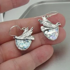Hadar Designers Sterling Silver Antique Roman Glass Bird Earrings Handmade (as)