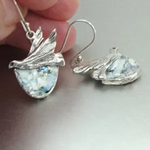 Hadar Designers Sterling Silver Antique Roman Glass Bird Earrings Handmade (as)