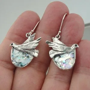 Hadar Designers Sterling Silver Antique Roman Glass Bird Earrings Handmade (as)