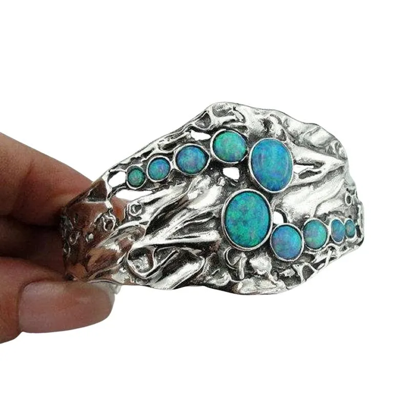 Hadar Designers Sterling Silver Blue Opal Cuff Bracelet Handmade Art (H 313b