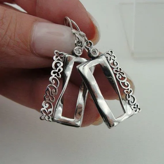 Hadar Designers Sterling Silver Earrings Long Modern Filigree Handmade (MS e206