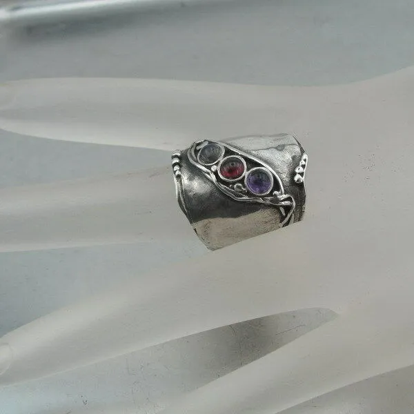 Hadar Designers Sterling Silver Garnet Amethyst Labradorite Ring 7,8,9 (H 1913)Y