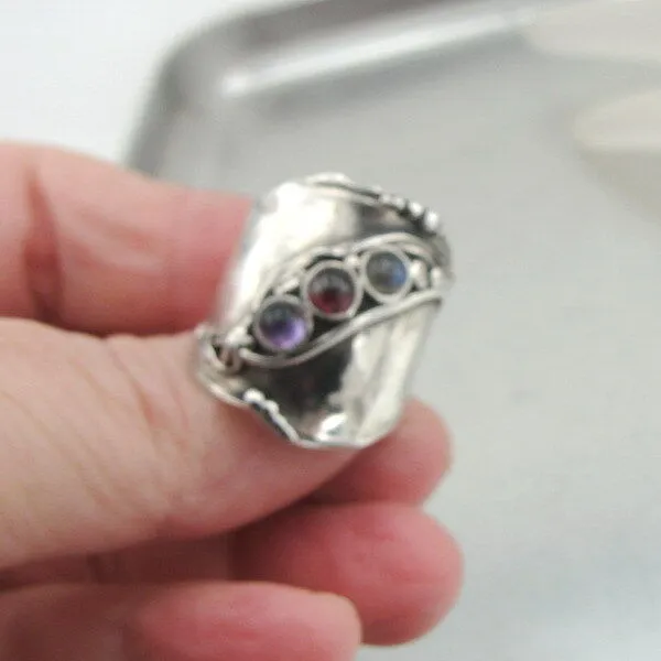 Hadar Designers Sterling Silver Garnet Amethyst Labradorite Ring 7,8,9 (H 1913)Y