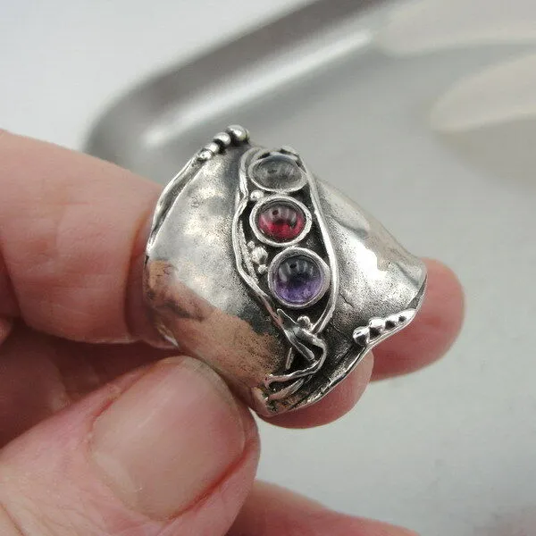 Hadar Designers Sterling Silver Garnet Amethyst Labradorite Ring 7,8,9 (H 1913)Y