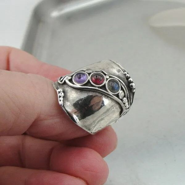 Hadar Designers Sterling Silver Garnet Amethyst Labradorite Ring 7,8,9 (H 1913)Y