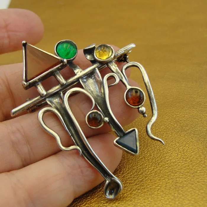 Hadar Designers Sterling Silver Gemstones Brooch Handmade Unique Artistic (H) y