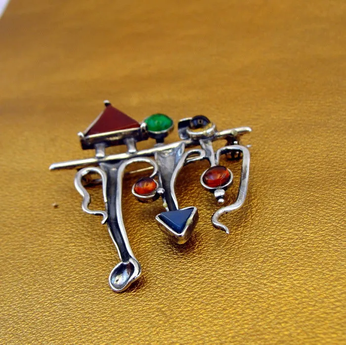Hadar Designers Sterling Silver Gemstones Brooch Handmade Unique Artistic (H) y