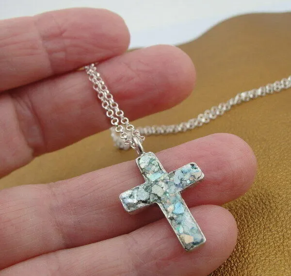 Hadar Designers Sterling Silver Genuine Antique Roman Glass Cross Pendant (as )y