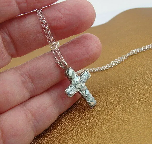 Hadar Designers Sterling Silver Genuine Antique Roman Glass Cross Pendant (as )y
