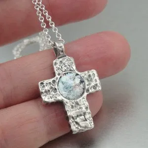 Hadar Designers Sterling Silver Genuine Antique Roman Glass Cross Pendant (as)