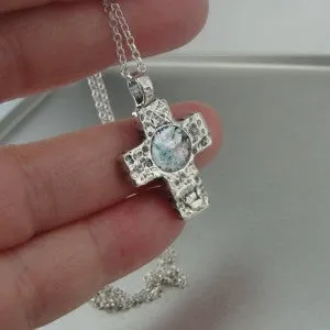 Hadar Designers Sterling Silver Genuine Antique Roman Glass Cross Pendant (as)