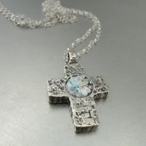Hadar Designers Sterling Silver Genuine Antique Roman Glass Cross Pendant (as)