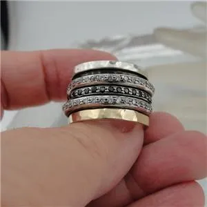 Hadar Designers Swivel 9k Gold 925 Silver Black Diamond Ring sz 6,7,8,9 (I r820
