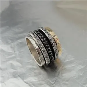 Hadar Designers Swivel 9k Gold 925 Silver Black Diamond Ring sz 6,7,8,9 (I r820