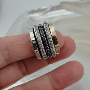 Hadar Designers Swivel 9k Gold 925 Silver Black Diamond Ring sz 6,7,8,9 (I r820