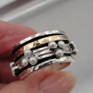 Hadar Designers Swivel 9k Gold 925 Sterling Silver Pearl Ring any size (I r793)y