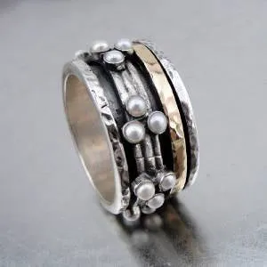 Hadar Designers Swivel 9k Gold 925 Sterling Silver Pearl Ring any size (I r793)y