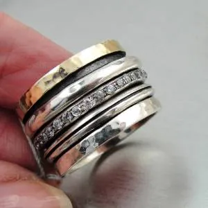 Hadar Designers Swivel 9k Yellow Gold Sterling Silver Zircon Ring 6,7,8,9,10(I r