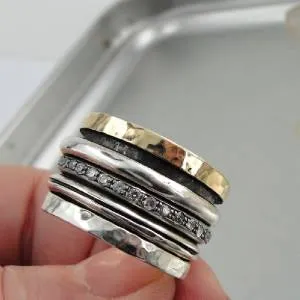 Hadar Designers Swivel 9k Yellow Gold Sterling Silver Zircon Ring 6,7,8,9,10(I r