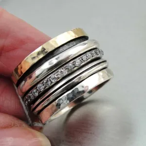 Hadar Designers Swivel 9k Yellow Gold Sterling Silver Zircon Ring 6,7,8,9,10(I r