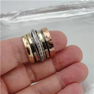 Hadar Designers Swivel 9k Yellow Gold Sterling Silver Zircon Ring 7,8,9,(I r813