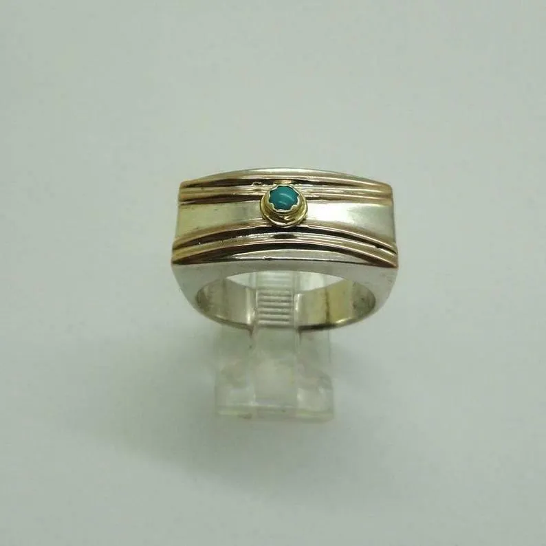 Hadar Designers Turquoise Ring Handmade 9k Yellow Gold 925 Silver sz 8,8.5()SALE