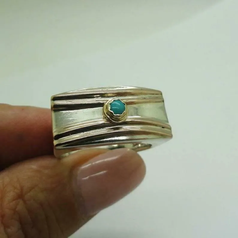 Hadar Designers Turquoise Ring Handmade 9k Yellow Gold 925 Silver sz 8,8.5()SALE